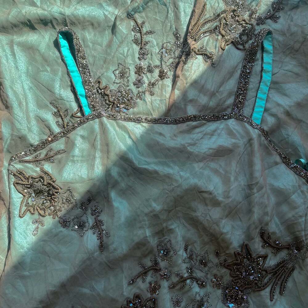 Vintage Scala 100% Silk Beaded Floral Maxi Dress Gunmetal Teal Plus Size 2X - Picture 8 of 16